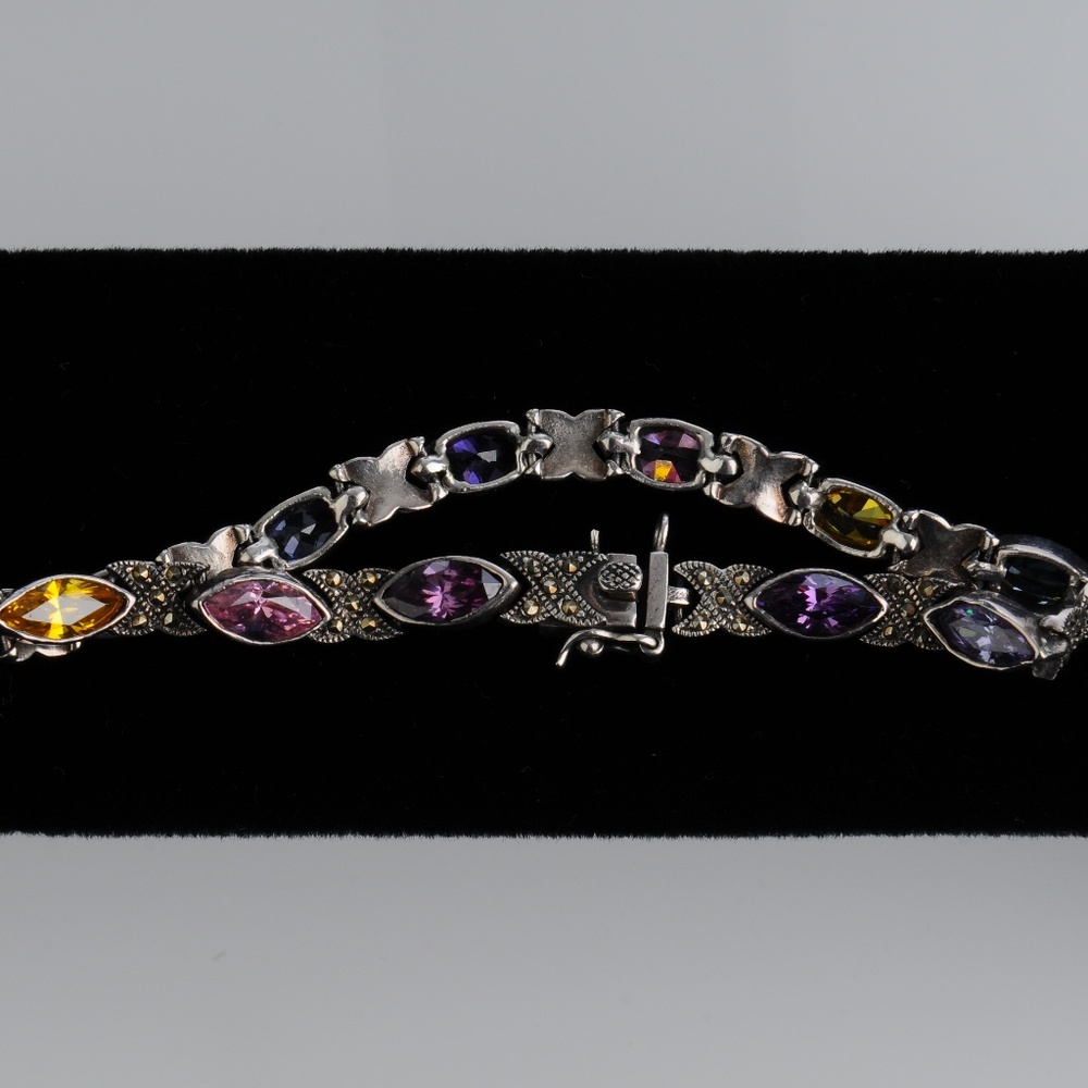 Antique Art Deco Silver Marcasite and Gem Bracelet incl Amethyst